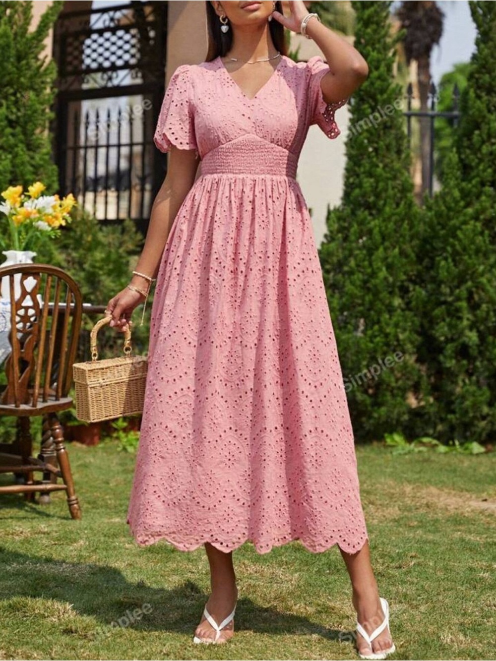Simplee Smocked Eyelet Embroidery Puff Sleeve Midi Dress sz L